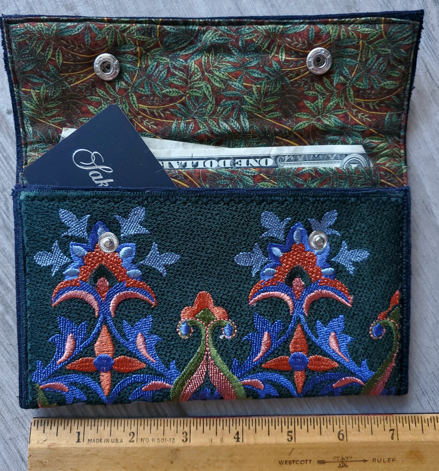 large-tapestry-embroidered-periwinkle-rust-wallet-open-Jen's-Bag-embroidered-bag